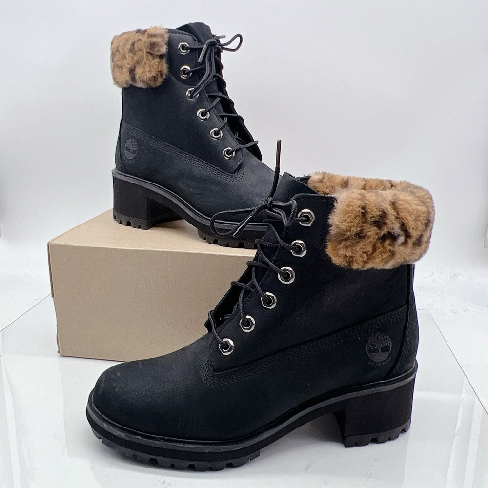 Timberland Kinsley 6-Inch Waterproof Black/Faux Fur Boot Lace Up Platform US 9.5
